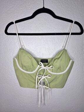 White Fox Boutique White Green Corset Cropped Top Size XS Tie Front Bustier